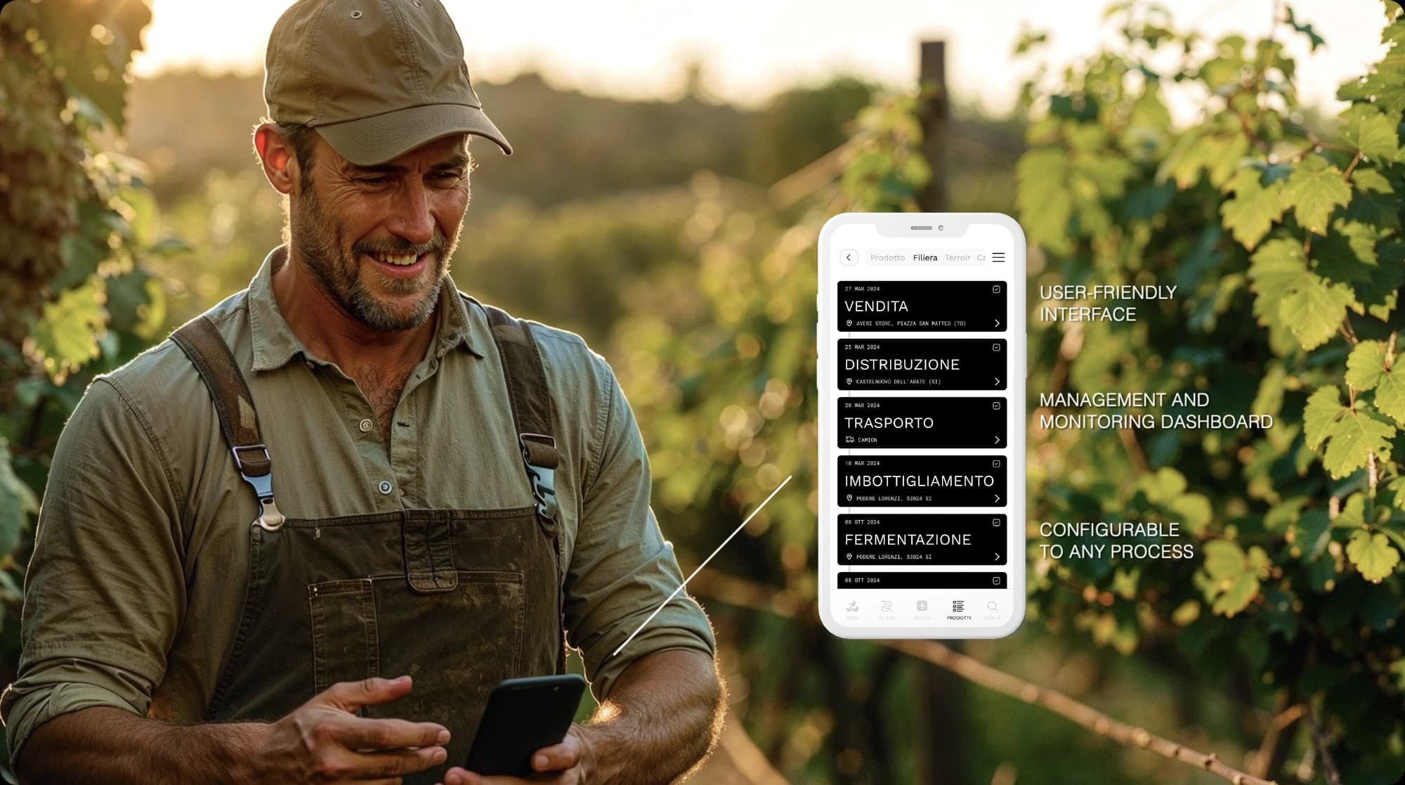 Farmer using Archeion app in vineyard